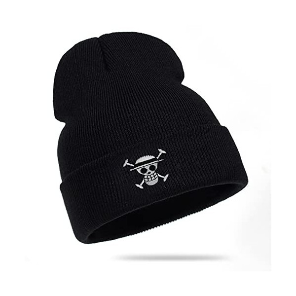 Roffatide Anime One Piece Bonnets Casquettes Skull and Crossbones à Revers Bonnet de tête de Mort Brodé Bonnet dhiver Noir