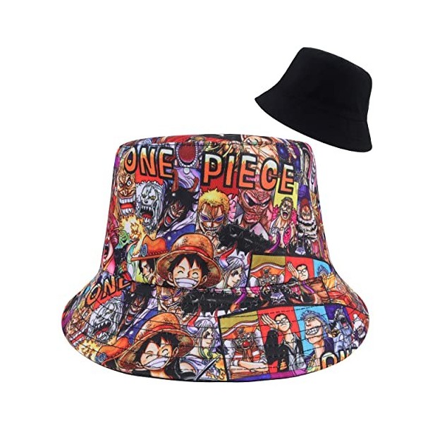 Roffatide Anime One Piece Chapeau Seau Pliable Unisexe Chapeau de Pêche Imprimé Graffiti Luffy Chapeau de Soleil Réversible à