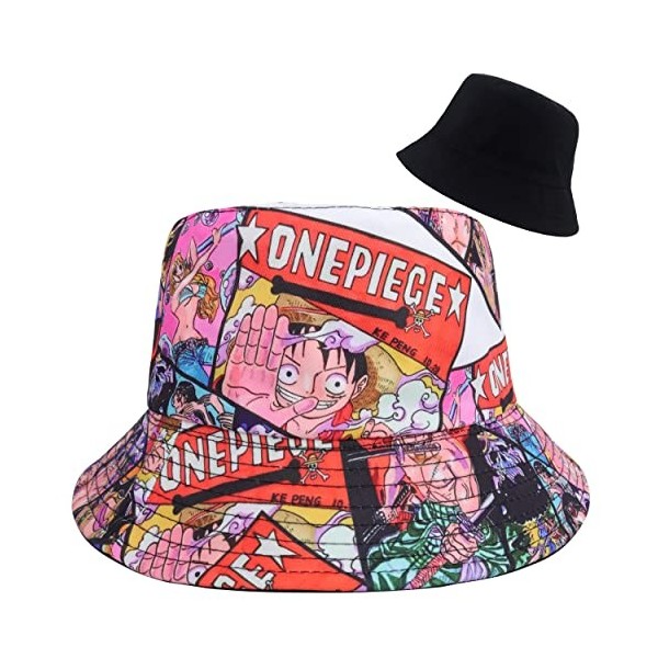 Roffatide Anime One Piece Chapeau Seau Pliable Unisexe Chapeau de Pêche Imprimé Graffiti Luffy Chapeau de Soleil Réversible à
