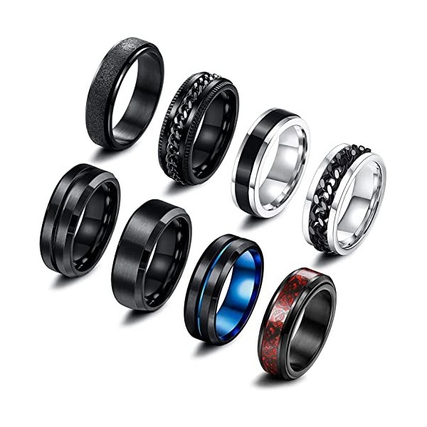 Milacolato 8 PCS Bague Homme Acier Inoxydable Noir Tournante Chaîne Rock Bague Vintage Gothique Anneaux en Fiber de Carbone B