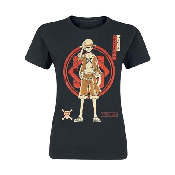 One Piece Logo Luffy Femme T-Shirt Manches Courtes Noir M 100% Coton Regular/Coupe Standard