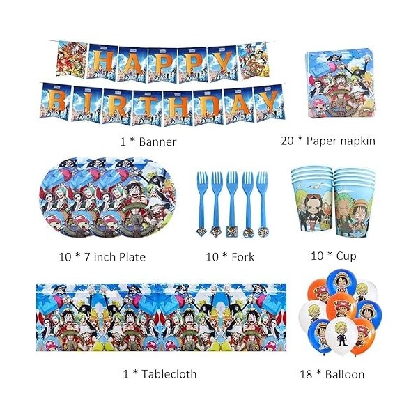 BESTZY One Piece Vaisselle de Fête, One Piece Party Supplies Décoration Set Vaisselle de Fête de Anniversaire Comprend des Na