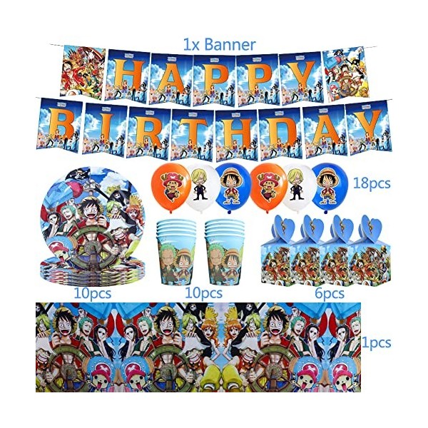 BESTZY Ensemble de Vaisselle de Fête, One Piece Anniversaire Décoration Ensemble Thème Fête Vaisselle Fournitures Comprend Ta