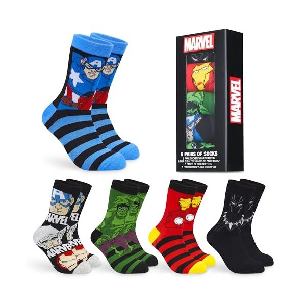 Marvel Chaussettes Homme, Coffret 5 Paires de Chaussettes Fantaisie, Cadeau Humoristique Geek Homme Ado 39-44 ou 40-45 Bleu/