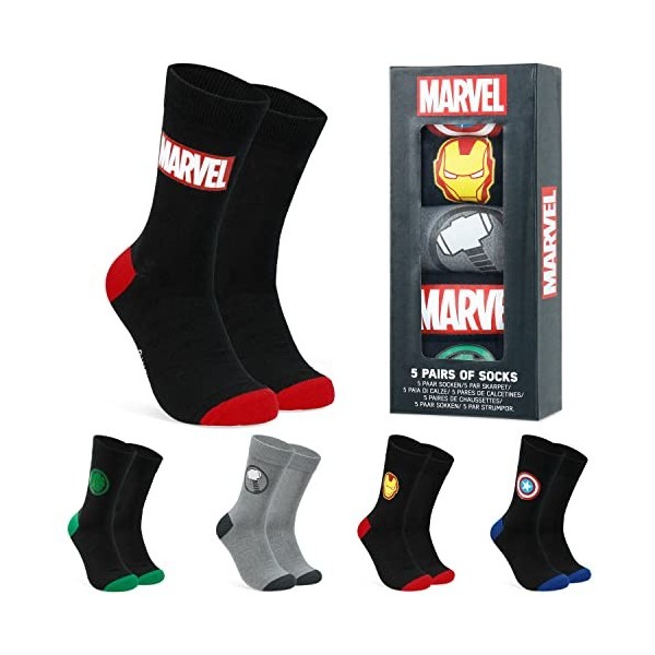 Marvel Chaussettes Homme, Coffret 5 Paires de Chaussettes Fantaisie, Cadeau Humoristique Geek Homme Ado 39-44 ou 40-45 Bleu/