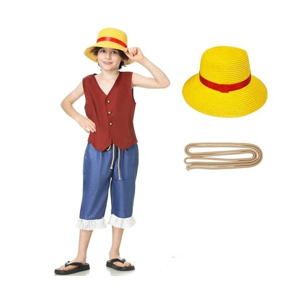 Ubaywey Garçon Lufy Costume Enfant Anime Onepiece Carnaval Cosplay Diseguiment Ensemble DAccessoires Chapeau de Paille Anniv