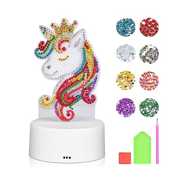 Herefun Licorne Jouet Fille, 5D Diamond Painting Lampe, LED Creatif Diamand Painting Enfant, Kit de Bricolage Veilleuse, Déco
