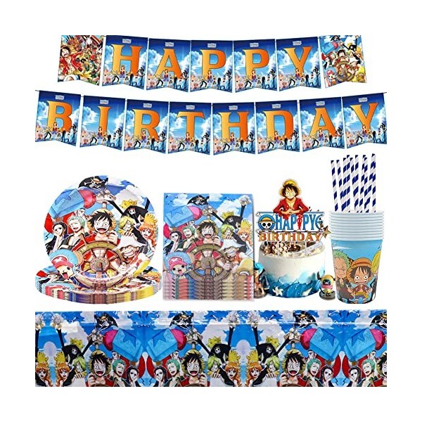 One Piece Birthday Lensemble de décoration Nesloonp 77 PCS Set de Vaisselle de Fête Pirate Fournitures de fête Vaisselle de 