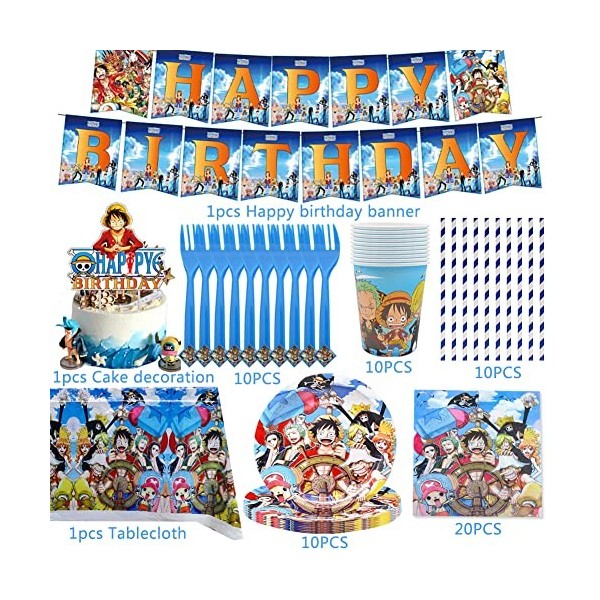 One Piece Birthday Lensemble de décoration Nesloonp 77 PCS Set de Vaisselle de Fête Pirate Fournitures de fête Vaisselle de 