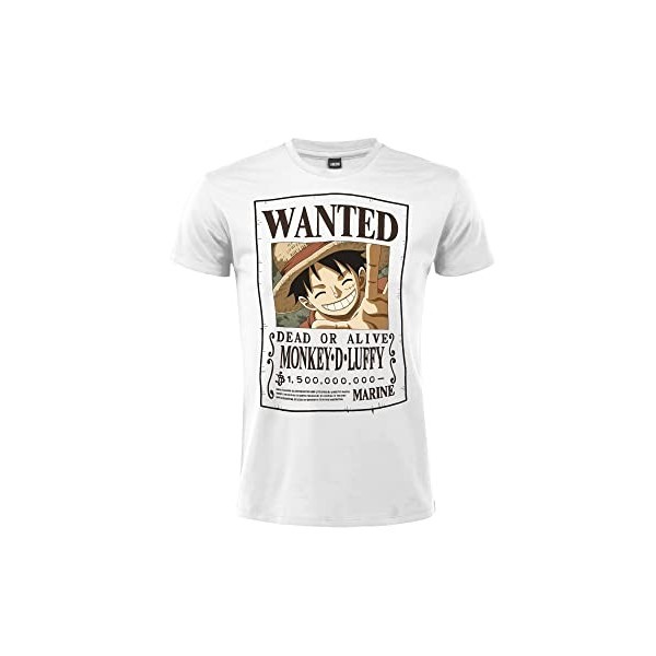 T-shirt One Piece Chapeau de Paille Modèle Wanted Recherché Monkey D. Luffy. Coton. Unisexe, blanc, adulte garçon., Blanc, X-