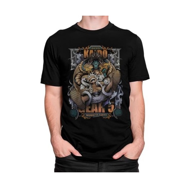 PLANETA MERCHAN T-shirt Luffy vs Kaido Gear 5, 100 % coton, 180 g, couleur noire, Fanart One Piece Monkey D Luffy Gear 5 - Vê