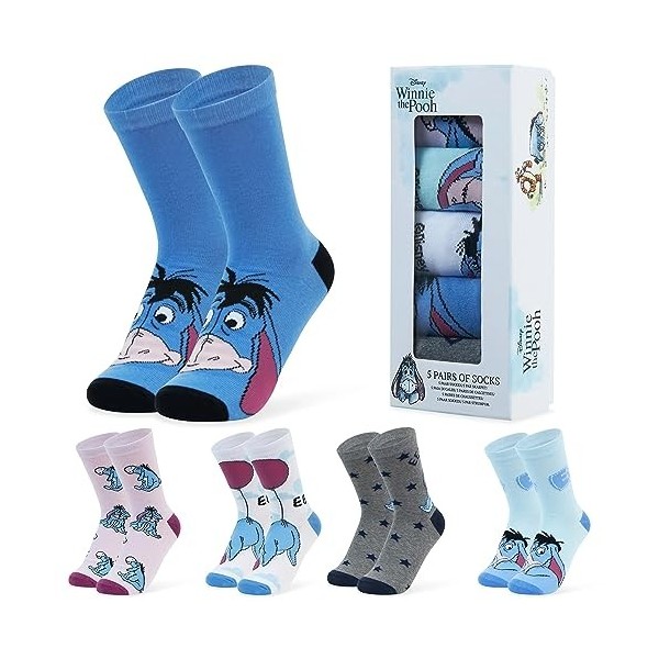 Disney Chaussettes Femme Fantaisie, Lot 5 Paires de Chaussettes Adulte ou Ado Fille, Chaussette Coton, Idée Cadeau Stitch, Mi