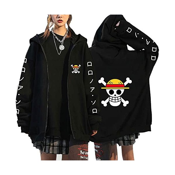 Luffy Chopper Anime One Piece Unisexe Zip Up Veste Monkey D Luffy Costume Sweat à capuche pour homme et femme, Noir 2, XXL