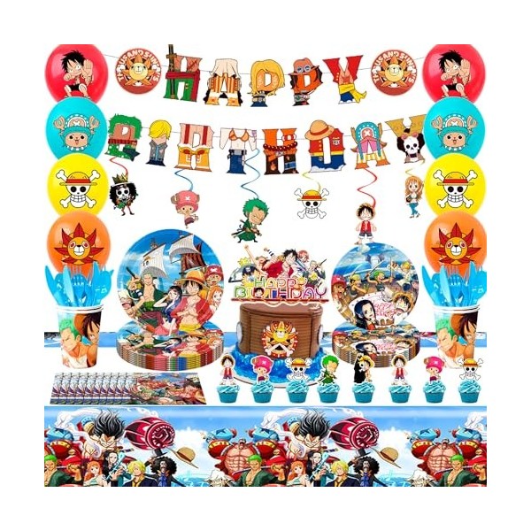 Fruitful Party Fournitures de Fête One Piece,117pcs One Piece Anniversaire Decoration&Vaisselle Set-Bannière One Piece Ballon