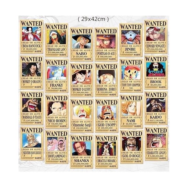 Lot de 24Pcs One Piece Poster Animé Affiche One Piece Recherché 24 Affiches 1,5 Milliard de récompense One Piece Poster29*42C