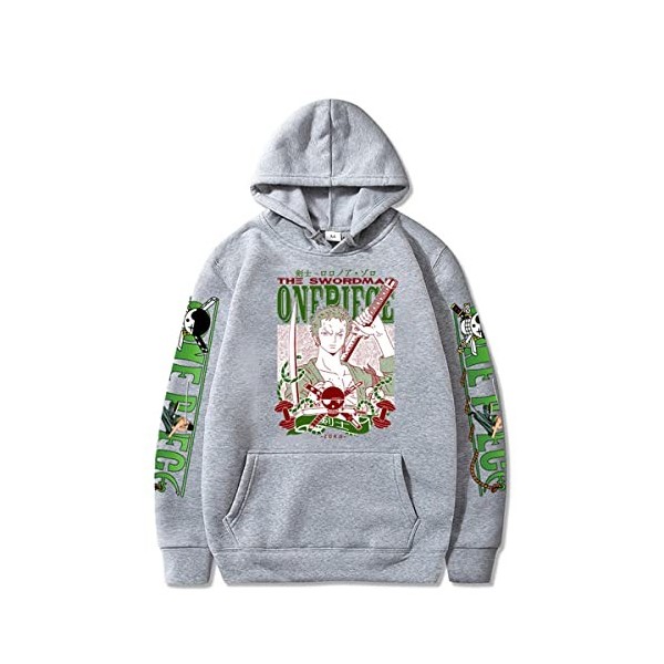 Sybnwnwm Sweat à capuche Anime One Piece Zoro Hip Hop pour homme et femme, gris, S