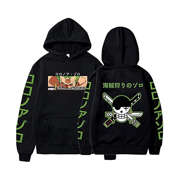 Sybnwnwm Sweat à capuche One Piece Anime Roronoa Zoro à manches longues Hip Hop Sportswear Garçons Grils, Noir , XS