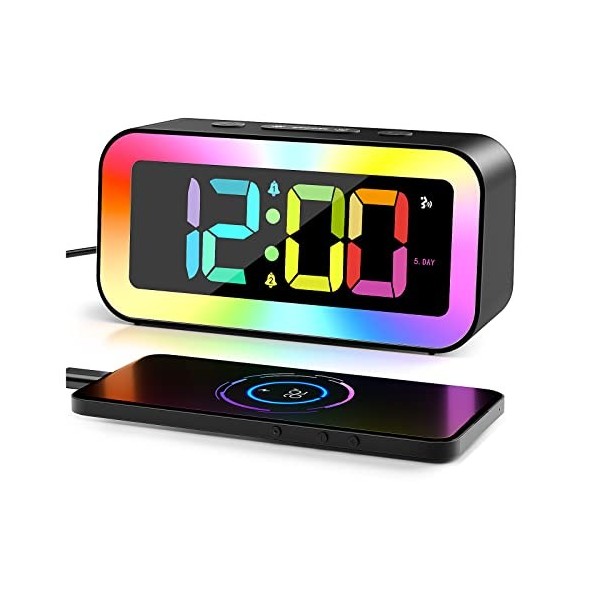 HAPPHOOH Reveil Lumineux, Couleurs RVB Reveil Numerique, Luminosité RéGlable Reveil Matin Enfant, ContrôLe Vocal, 12/24h, Por
