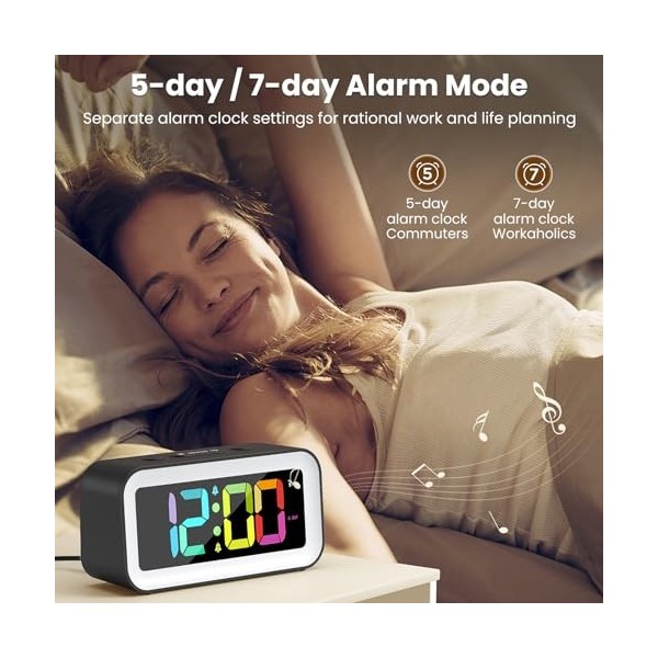 HAPPHOOH Reveil Lumineux, Couleurs RVB Reveil Numerique, Luminosité RéGlable Reveil Matin Enfant, ContrôLe Vocal, 12/24h, Por