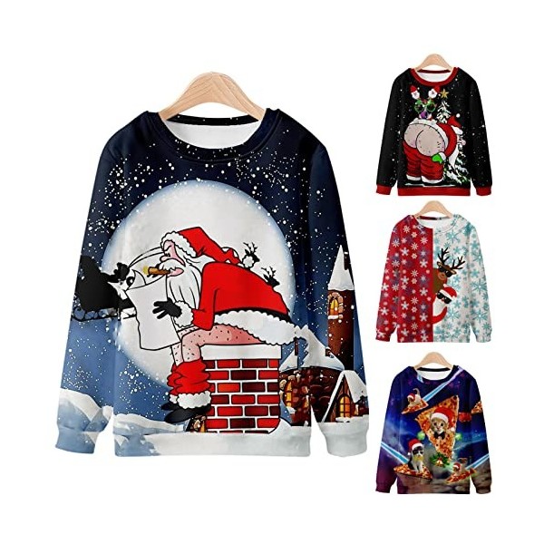 Pull de Noel Homme Imprimé Fesses du Père Noël Tee Shirt Manche Longue Homme Casual Sport Pull Imprimé Flocon de Neige Ugly P