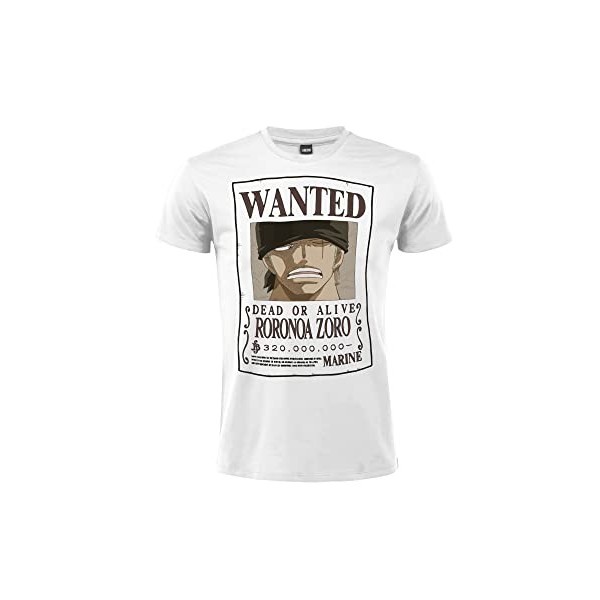 T-shirt One Piece Chapeau de Paille Modèle Wanted Recherché Roronoa Zoro Coton. Unisexe. Blanc Adulte Garçon., Blanc, X-Small