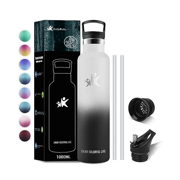 KollyKolla Gourde Isotherme 1L, Gourde Inox avec en Paille, Bouteille deau sans BPA, Bouteille Isotherme en Acier Inoxydable
