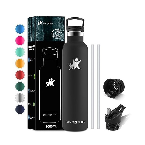 KollyKolla Gourde Isotherme 1L, Gourde Inox avec en Paille, Bouteille deau sans BPA, Bouteille Isotherme en Acier Inoxydable
