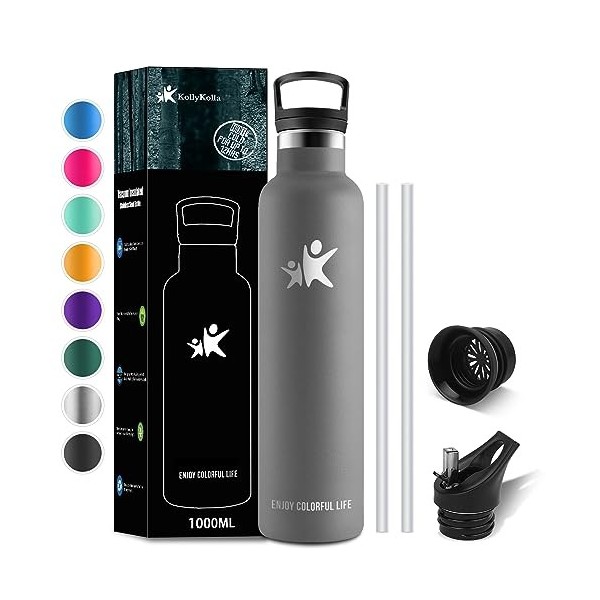 KollyKolla Gourde Isotherme 1L, Gourde Inox avec en Paille, Bouteille deau sans BPA, Bouteille Isotherme en Acier Inoxydable