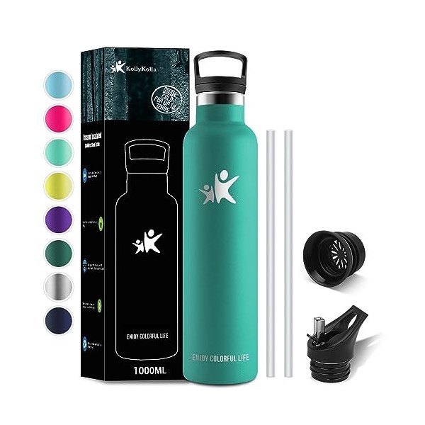 KollyKolla Gourde Isotherme 1L, Gourde Inox avec en Paille, Bouteille deau sans BPA, Bouteille Isotherme en Acier Inoxydable