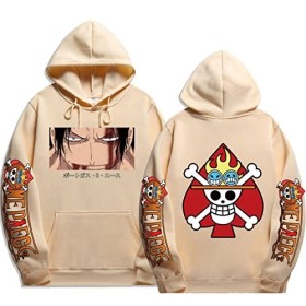 Sybnwnwm Anime One Piece Print Hoodies Ace Sweatshirts Homme Femme Adolescents Streetwear Hip Hop Pullover, beige, M