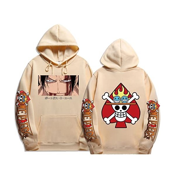 Sybnwnwm Anime One Piece Print Hoodies Ace Sweatshirts Homme Femme Adolescents Streetwear Hip Hop Pullover, beige, M