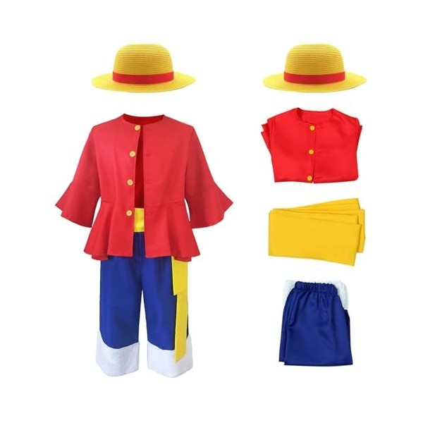 Amycute Luffy Costume Enfant Adulte One Piece Anime Monkey D. Luffy Cosplay Chapeau de Paille Tops Pantalons Ceinture Tenue H