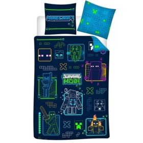 Parure de Lit Minecraft Neon pour Enfant, Housse de Couette 140x200 cm + Taie doreiller 63x63 cm