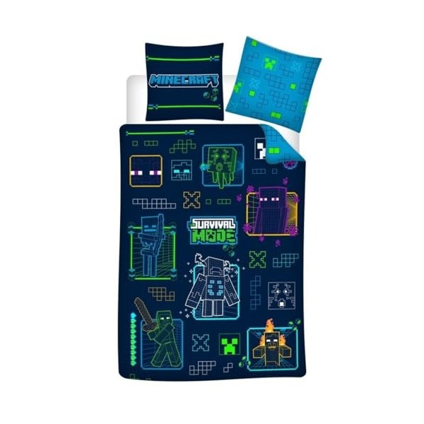 Parure de Lit Minecraft Neon pour Enfant, Housse de Couette 140x200 cm + Taie doreiller 63x63 cm