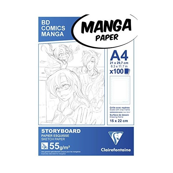 Clairefontaine 94037C Bloc Encollé Manga et Storyboard - 100 Feuilles Papier Esquisse Blanc A4 21x29,7 cm 55g - Papier imprim