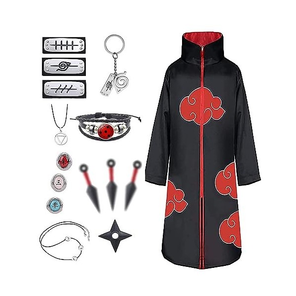 JMOCD Déguisement Akatsuki Hidan Itachi Costume Halloween Adulte Enfant Cape, Akatsuki Cosplay Anneau Bandeau Bague Collier A