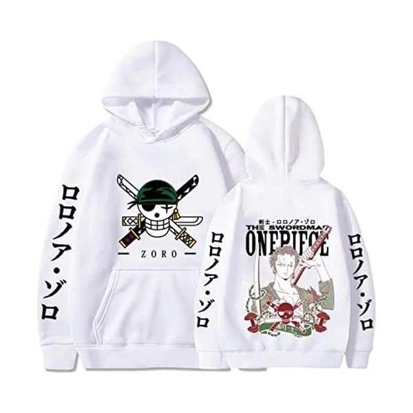 Sybnwnwm Sweat à capuche One Piece Zoro imprimé 3D Anime Hoodies Sweat à capuche à manches longues Unisexe, blanc, L