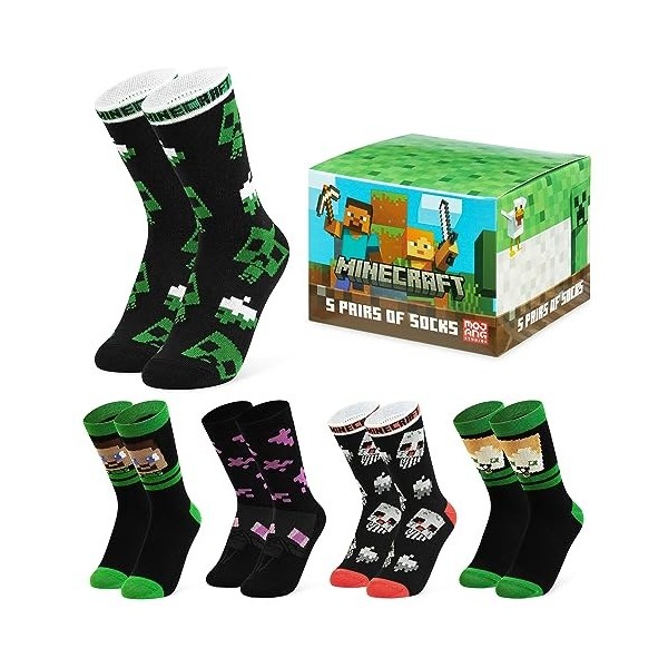 Minecraft Chaussettes Enfant, Lot de Chaussettes Fantaisie, Idée Cadeau Gamer, Chaussettes Garcon 31-36 et 37-40 Multicolore