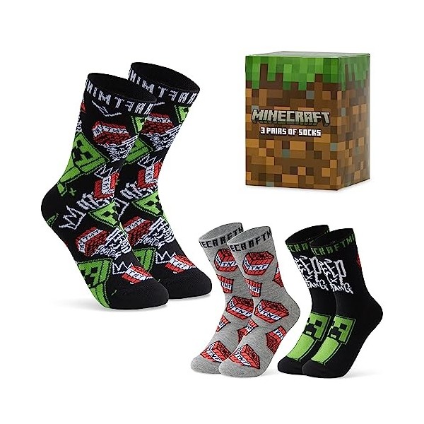 Minecraft Chaussettes Enfant, Lot de Chaussettes Fantaisie, Idée Cadeau Gamer, Chaussettes Garcon 31-36 et 37-40 Multicolore