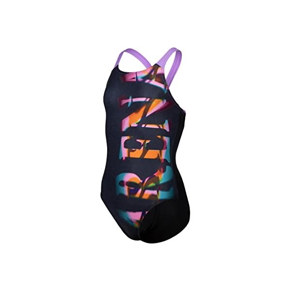 arena Girls Prism Swimsuit V Back One Piece, Black-Lavanda, 8-9 Anni