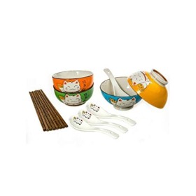 Lachineuse - Coffret Vaisselle Chat Maneki Neko - 4 Bols, 4 Paires de Baguettes & 4 Cuillères - Coffret Bols à Riz, Petit Déj