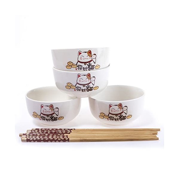 Lachineuse - Coffret Vaisselle Chat Maneki Neko - 4 Bols, 4 Paires de Baguettes & 4 Cuillères - Coffret Bols à Riz, Petit Déj