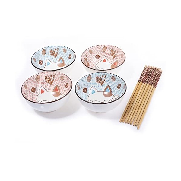Lachineuse - Coffret Vaisselle Chat Maneki Neko - 4 Bols, 4 Paires de Baguettes & 4 Cuillères - Coffret Bols à Riz, Petit Déj
