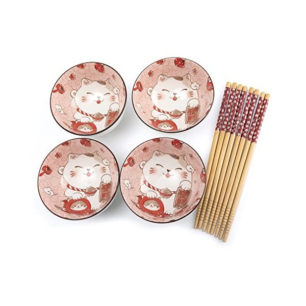 Lachineuse - Coffret Vaisselle Chat Maneki Neko - 4 Bols, 4 Paires de Baguettes & 4 Cuillères - Coffret Bols à Riz, Petit Déj