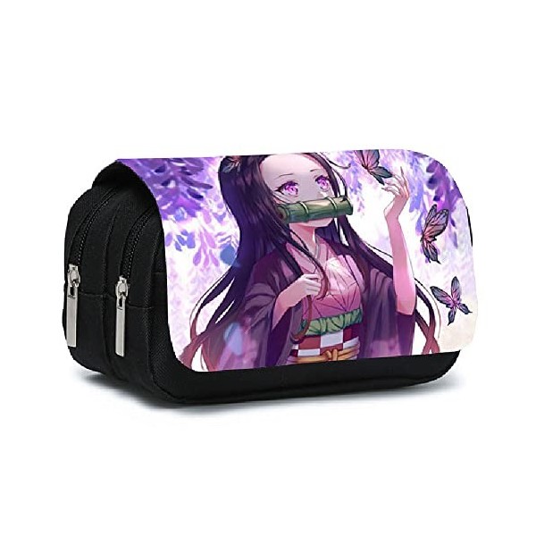 Demon Slayer Trousse à crayons dessin animé étudiant grande capacité Sac décole pour garçons et filles, style 1, Noir 1, Tro