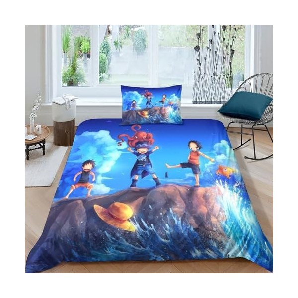 3D One Piece Housse De Couettes 2 Pièces Microfibre Luffy Parure De Lit en Feuilles De Housse De Couette Et Taie doreiller S