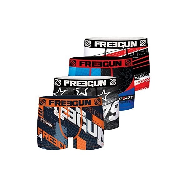 Boxer Enfant Sport, Calecon Garçon, Racing, Durable et Respirant Lot de 4 , Bleu, Noir, Orange, Blanc, Taille 12/14 Ans