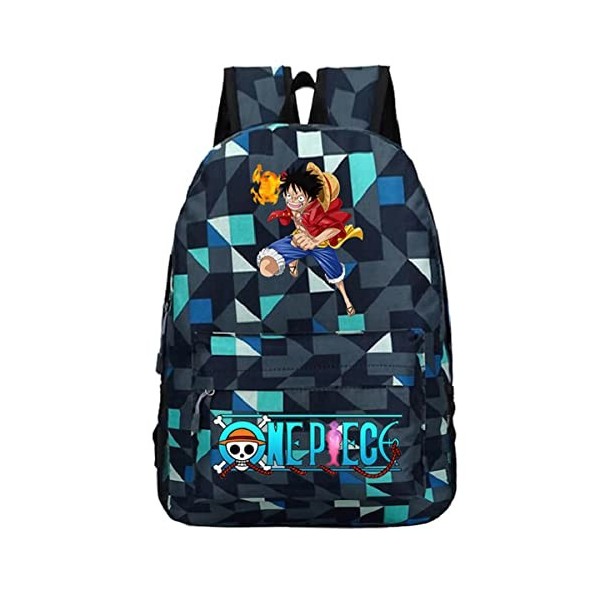 RavEnt Sac à dos Luffy Anime One Piece Cartoon Cartable Cartable Géométrique Oxford Daypack Bleu, multicolore