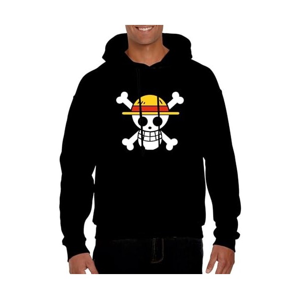 SERIVAL Sweat One Piece Logo Drapeau Jolly Roger Chapeau de Paille, Noir , L