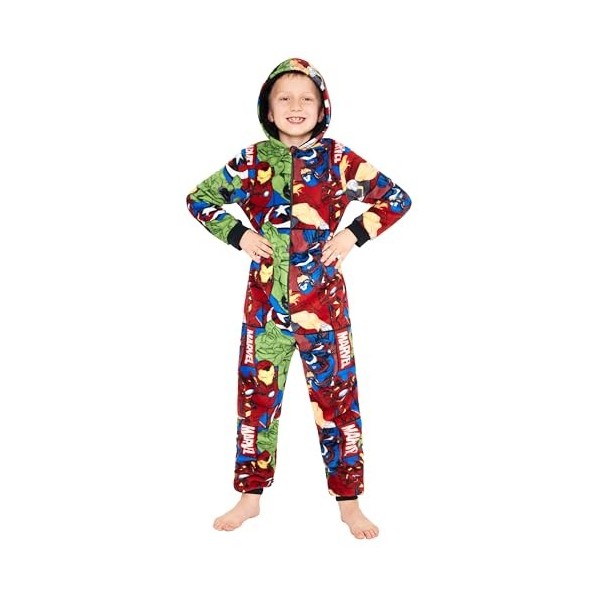 Marvel Combinaison Pyjama Enfant Garcon Surpyjama Grenouillère Garcon en Polaire Onesie Enfant Ado 9-15 Ans Avengers Noir/Ro